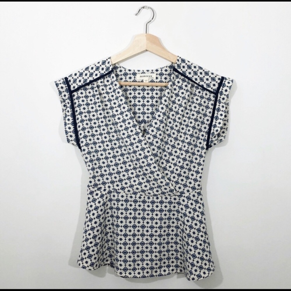 Monteau • Blue & Cream V Neck Peplum Blouse